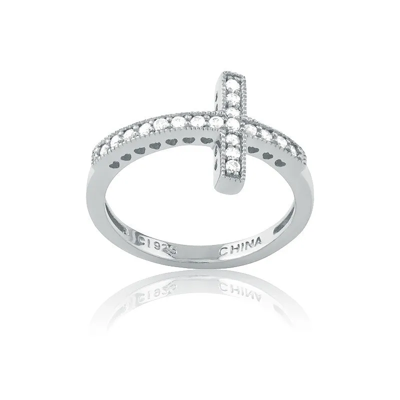 Classic Jewelry Sterling Silver CZ Sideways Cross Ring - W-9647