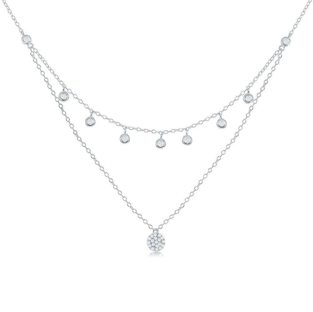 Classic Jewelry Sterling Silver Double Strand CZ with Micro Pave Disc Necklace