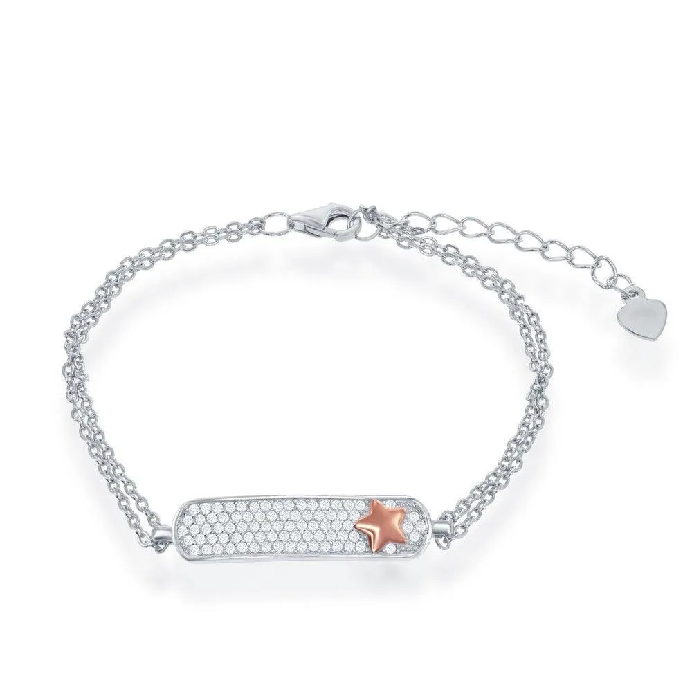 Classic Jewelry Sterling Silver Double Strand Micro Pave with RG Star ID Bracelet