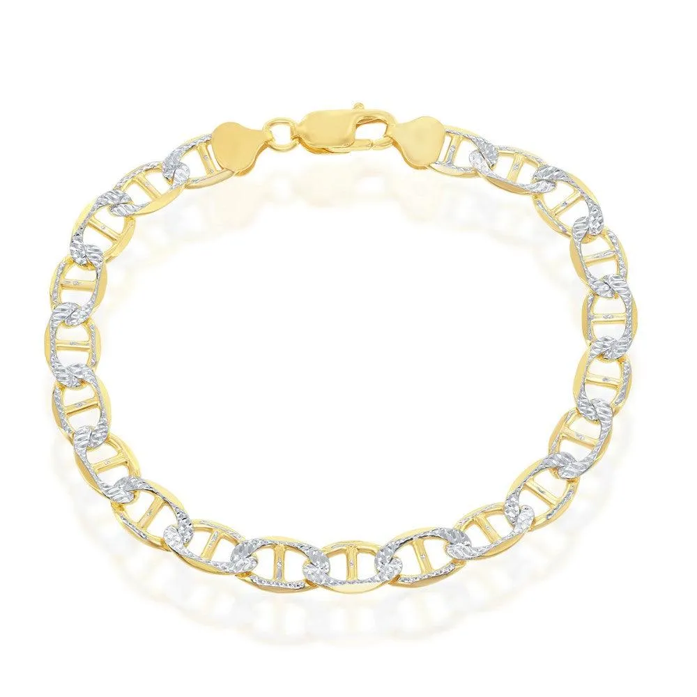 Classic Jewelry Sterling Silver Gold Plated Pave 8mm Flat Marina Bracelet, 9"