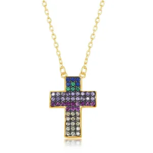 Classic Jewelry Sterling Silver Gold Plated Rainbow CZ Cross Necklace