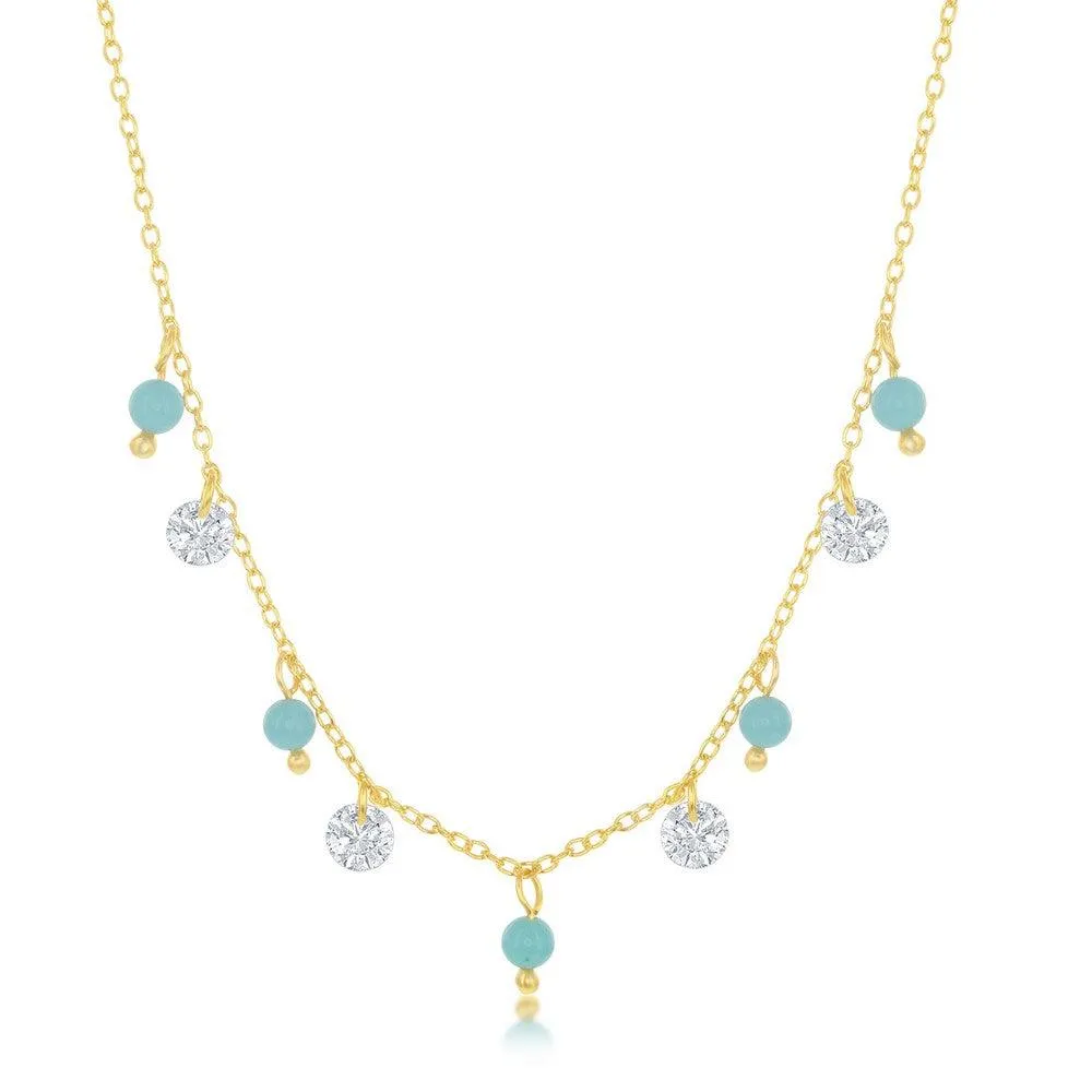 Classic Jewelry Sterling Silver GP Alternating Created Turquoise and CZ Necklace