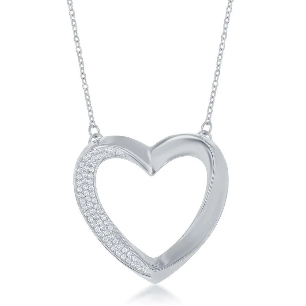 Classic Jewelry Sterling Silver Half Micro Pave Twisted Open Heart Necklace