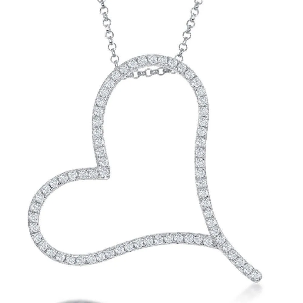 Classic Jewelry Sterling Silver Large Micro Pave Open Heart CZ Necklace
