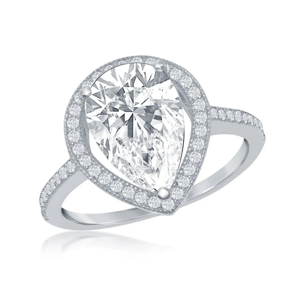 Classic Jewelry Sterling Silver Large Pear Shaped CZ Engagement Ring - W-2410