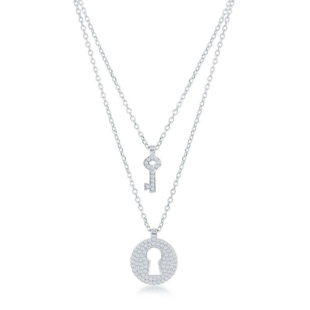 Classic Jewelry Sterling Silver Micro Pave Lock and Key Double Strand Necklace