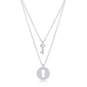 Classic Jewelry Sterling Silver Micro Pave Lock and Key Double Strand Necklace