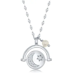 Classic Jewelry Sterling Silver Moon and Stars CZ Spinning Disc with FWP Necklace