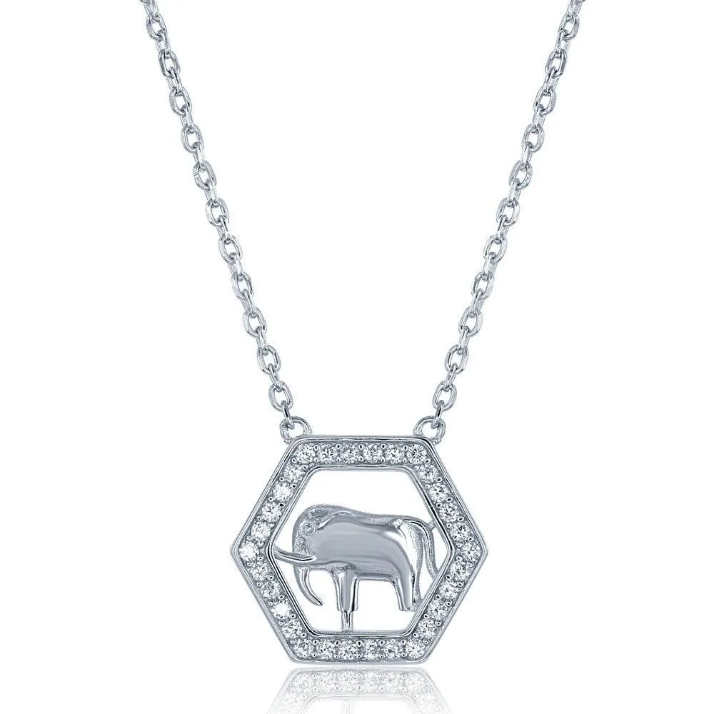 Classic Jewelry Sterling Silver Open CZ Hexagon with Center Elephant Necklace