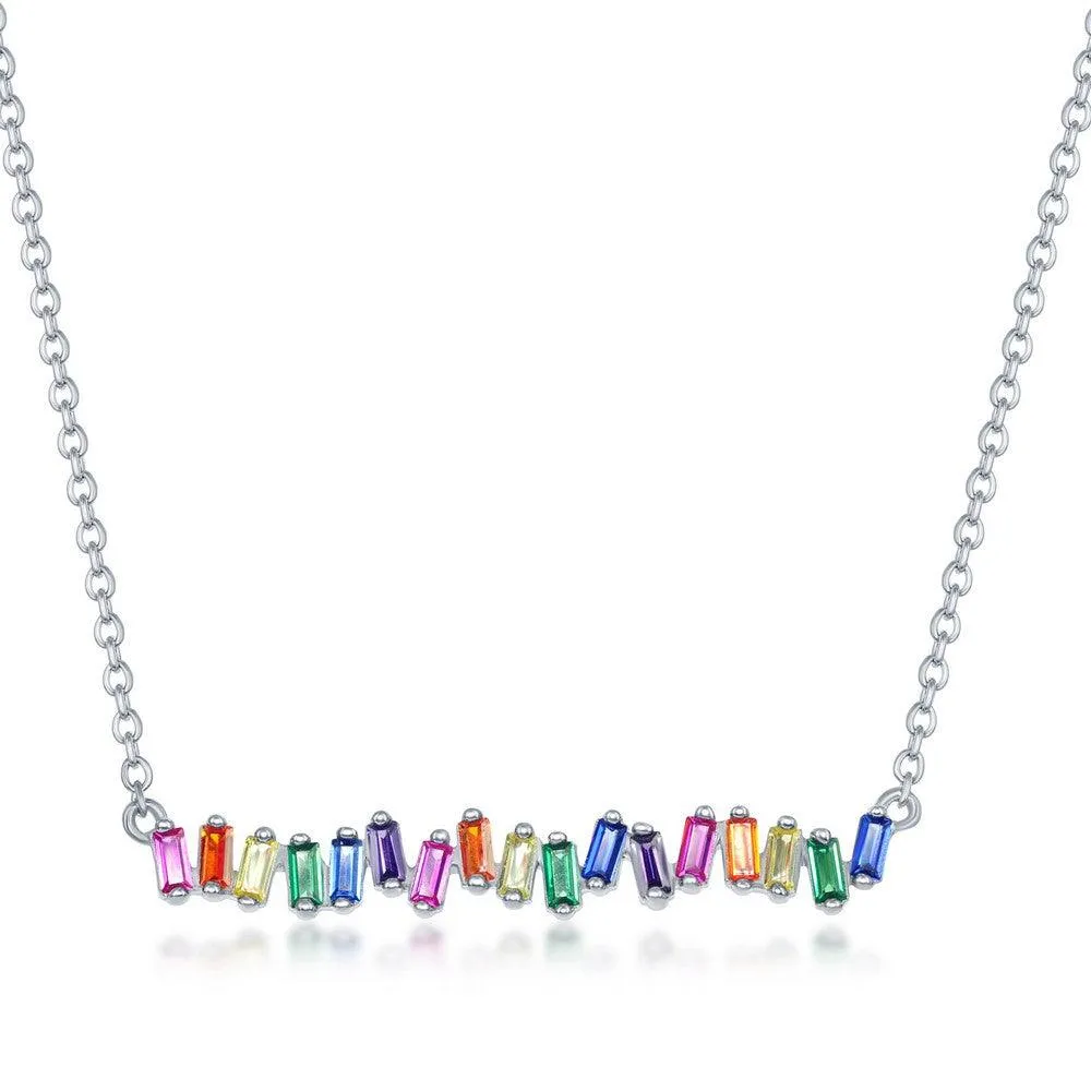 Classic Jewelry Sterling Silver Rainbow Baguette Cubic Zirconia Bar Necklace
