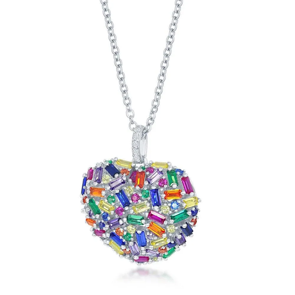 Classic Jewelry Sterling Silver Rainbow Baguette CZ Puffed Heart Necklace