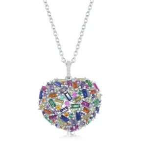Classic Jewelry Sterling Silver Rainbow Baguette CZ Puffed Heart Necklace