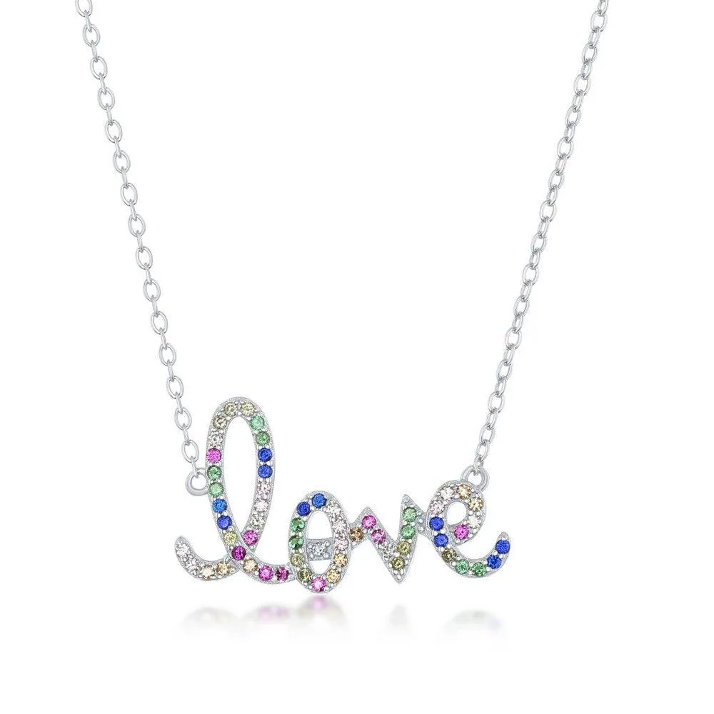 Classic Jewelry Sterling Silver Rainbow Cubic Zirconia 'Love' Script Necklace