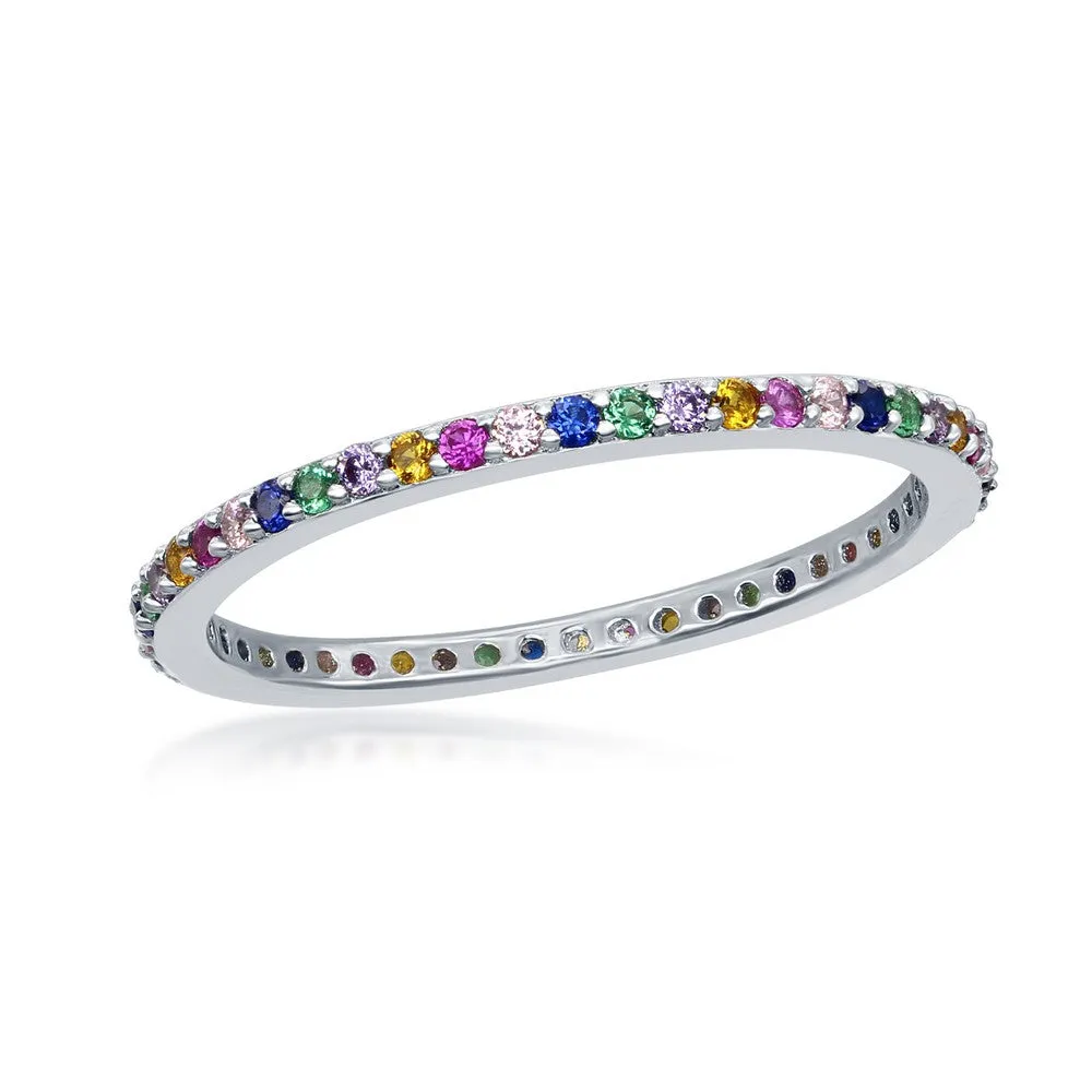 Classic Jewelry Sterling Silver Rainbow CZ Thin Band Ring - W-2133