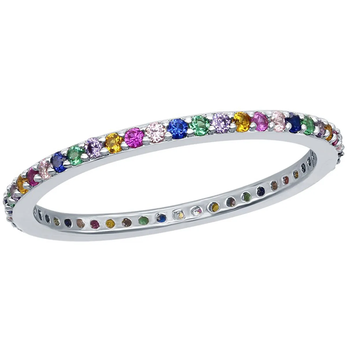 Classic Jewelry Sterling Silver Rainbow CZ Thin Band Ring - W-2133