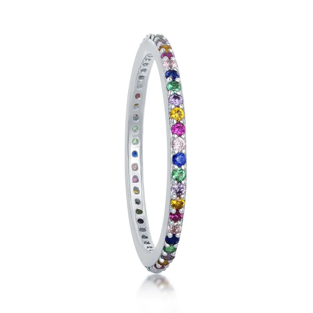 Classic Jewelry Sterling Silver Rainbow CZ Thin Band Ring - W-2133