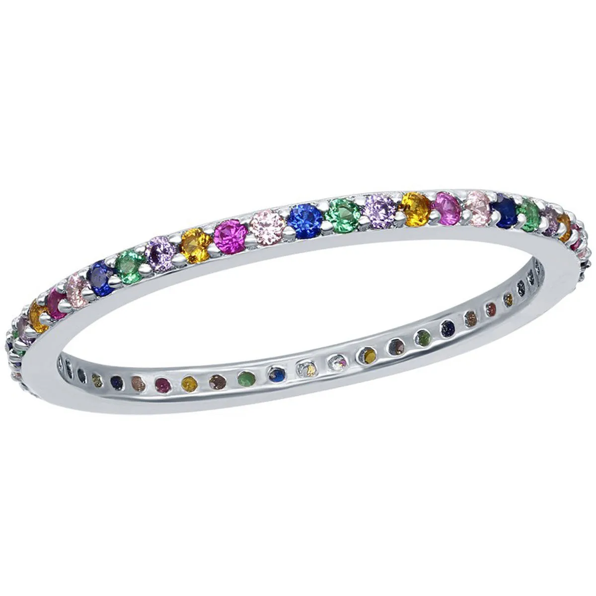 Classic Jewelry Sterling Silver Rainbow CZ Thin Band Ring - W-2133