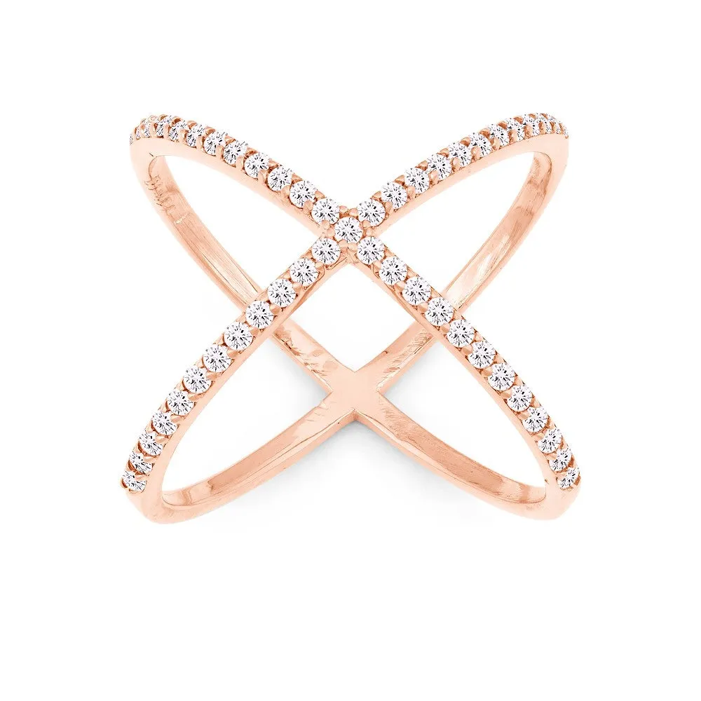 Classic Jewelry Sterling Silver Rose Gold Plated CZ X Style Ring - W-9948