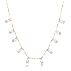 Classic Jewelry Sterling Silver Rose Gold Plated Dangling Baguettes Necklace
