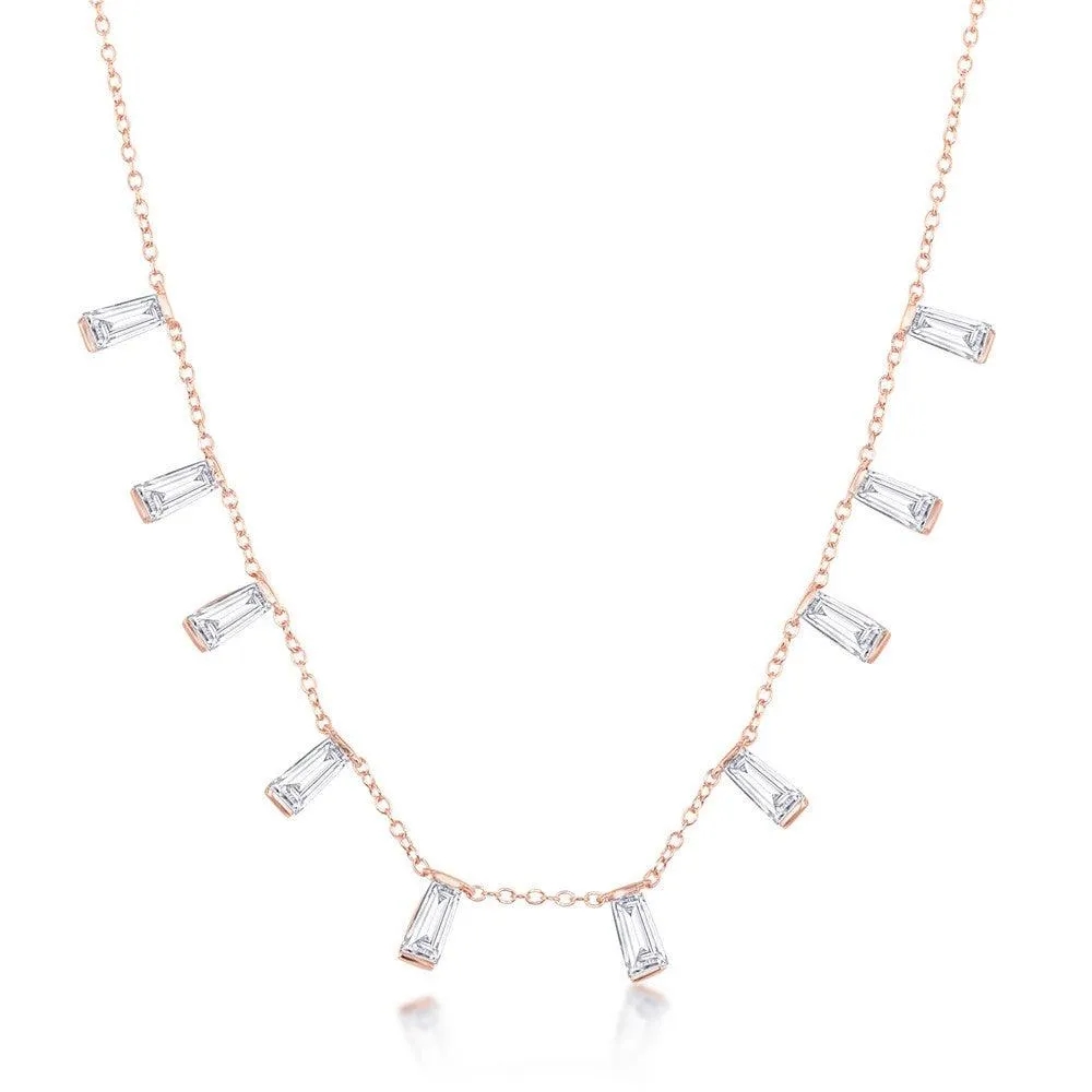 Classic Jewelry Sterling Silver Rose Gold Plated Dangling Baguettes Necklace