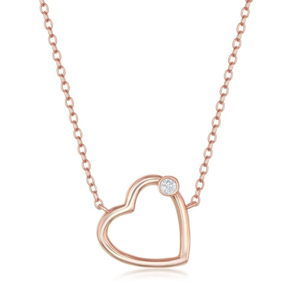 Classic Jewelry Sterling Silver Rose Gold Plated Heart with Single CZ Necklace