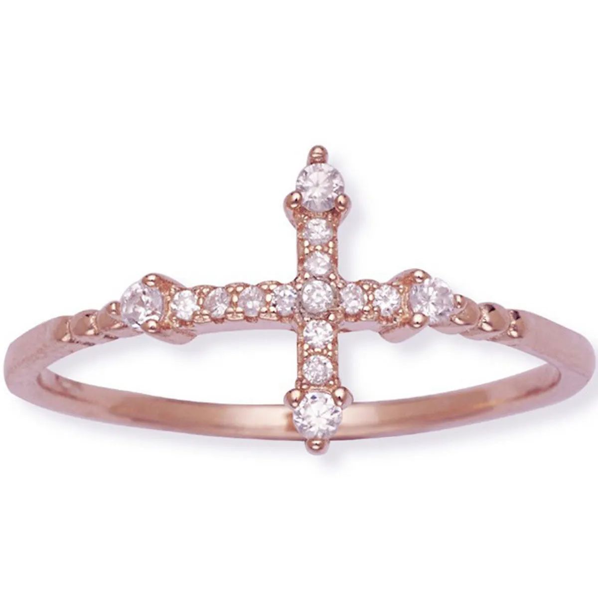 Classic Jewelry Sterling Silver Rose GP CZ Micro Pave Cross Ring - W-1293