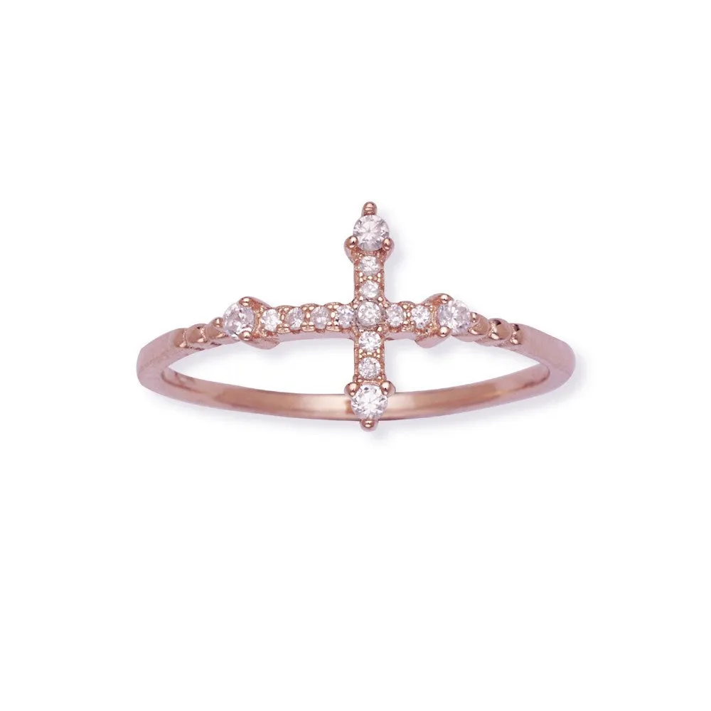 Classic Jewelry Sterling Silver Rose GP CZ Micro Pave Cross Ring - W-1293