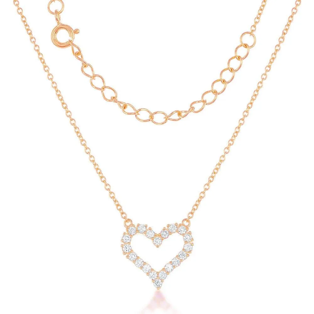 Classic Jewelry Sterling Silver Rose GP Small Open CZ Heart Necklace