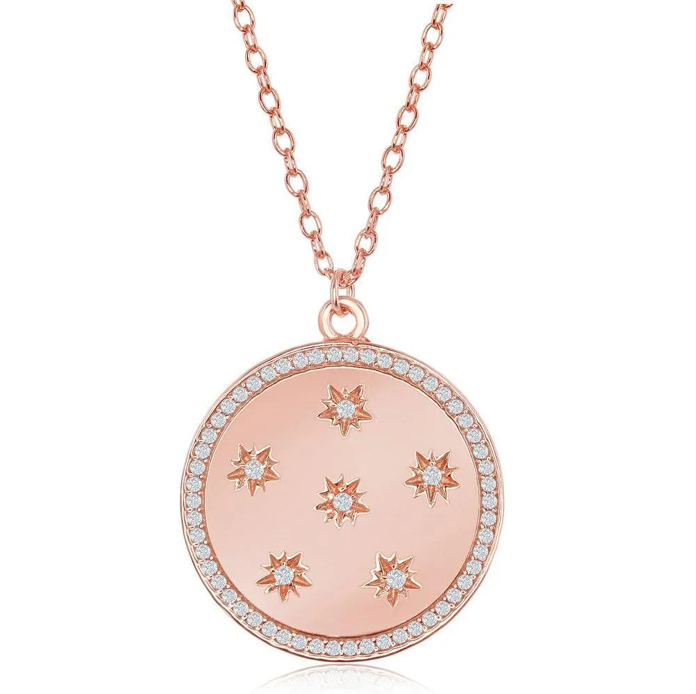 Classic Jewelry Sterling Silver Shiny Disc with CZ Stars and CZ Border Necklace