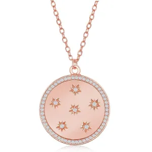 Classic Jewelry Sterling Silver Shiny Disc with CZ Stars and CZ Border Necklace