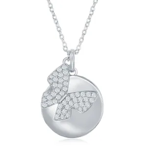 Classic Jewelry Sterling Silver Shiny Disc with Micro Pave Butterfly Necklace