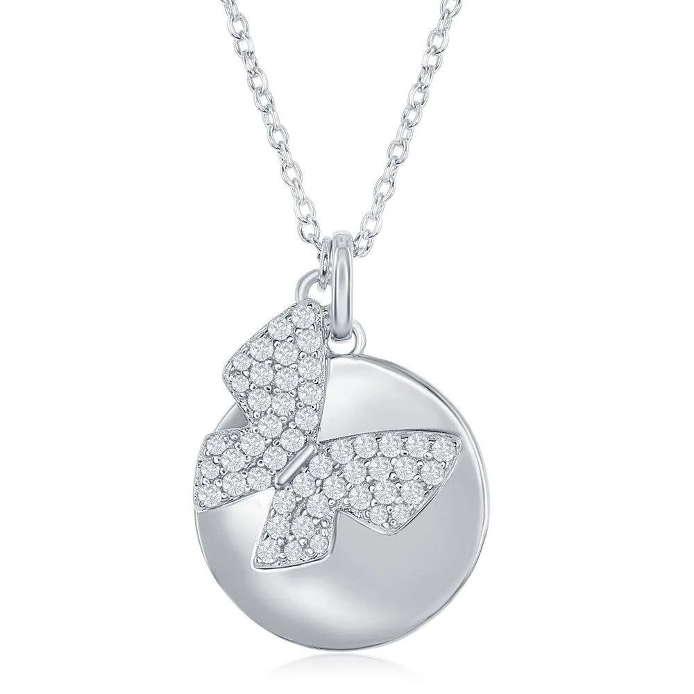 Classic Jewelry Sterling Silver Shiny Disc with Micro Pave Butterfly Necklace