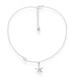 Classic Jewelry Sterling Silver Starfish with Single Cubic Zirconia Anklet