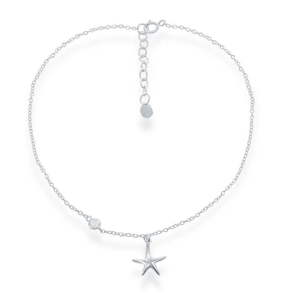 Classic Jewelry Sterling Silver Starfish with Single Cubic Zirconia Anklet