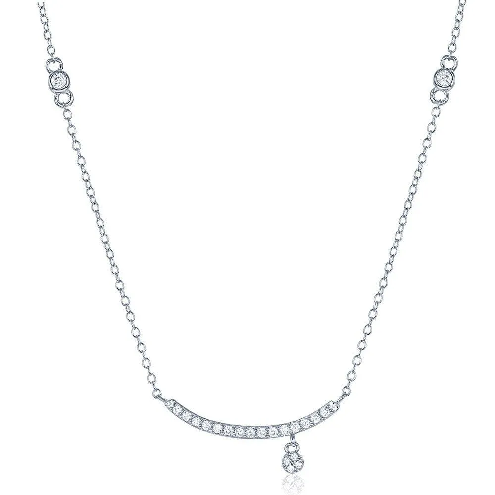 Classic Jewelry Sterling Silver Thin CZ Curved Bar with Charm Necklace
