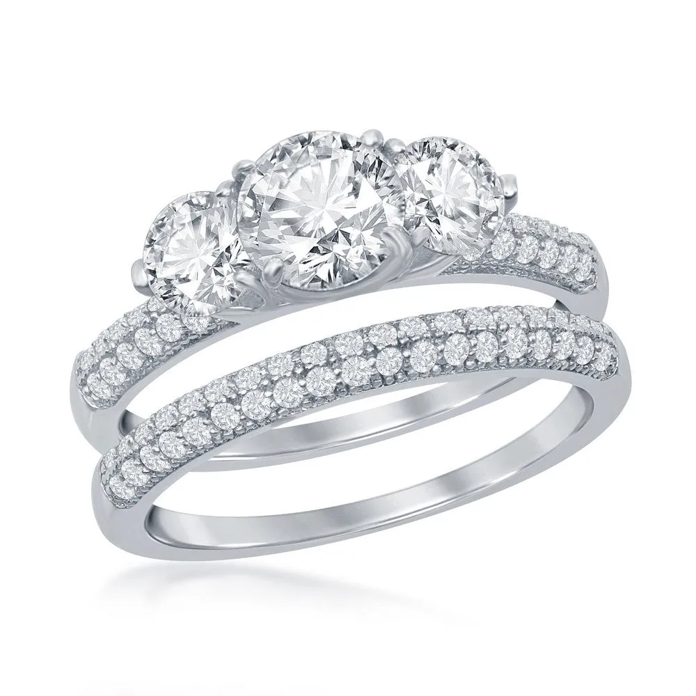 Classic Jewelry Sterling Silver Three-Stone Engagement Ring Set - W-2413