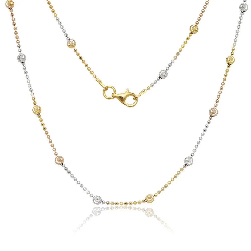 Classic Jewelry Sterling Silver Tri Color 3.2mm D-C Moon Bead Chain, 20"