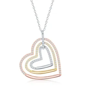 Classic Jewelry Sterling Silver Tri Color Triple Open CZ Heart Necklace