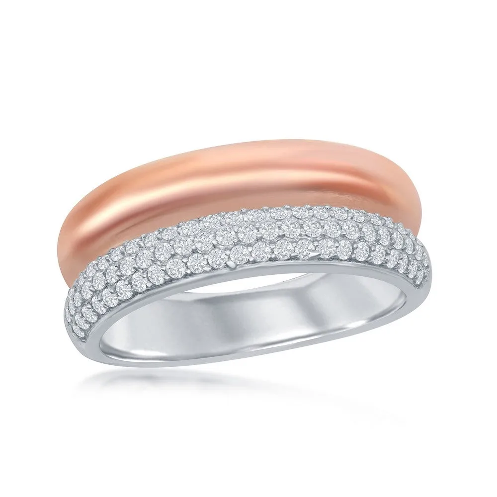 Classic Jewelry Sterling Silver TT Micro Pave Rose GP Double Band Ring - W-2053