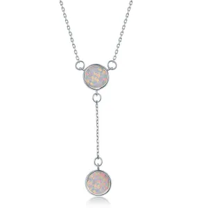 Classic Jewelry Sterling Silver White Inlay Opal Double Disc Lariat Necklace