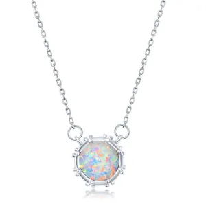 Classic Jewelry Sterling Silver White Opal Disc with Studded Border Necklace