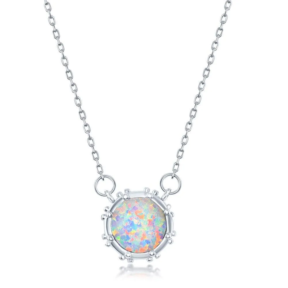 Classic Jewelry Sterling Silver White Opal Disc with Studded Border Necklace