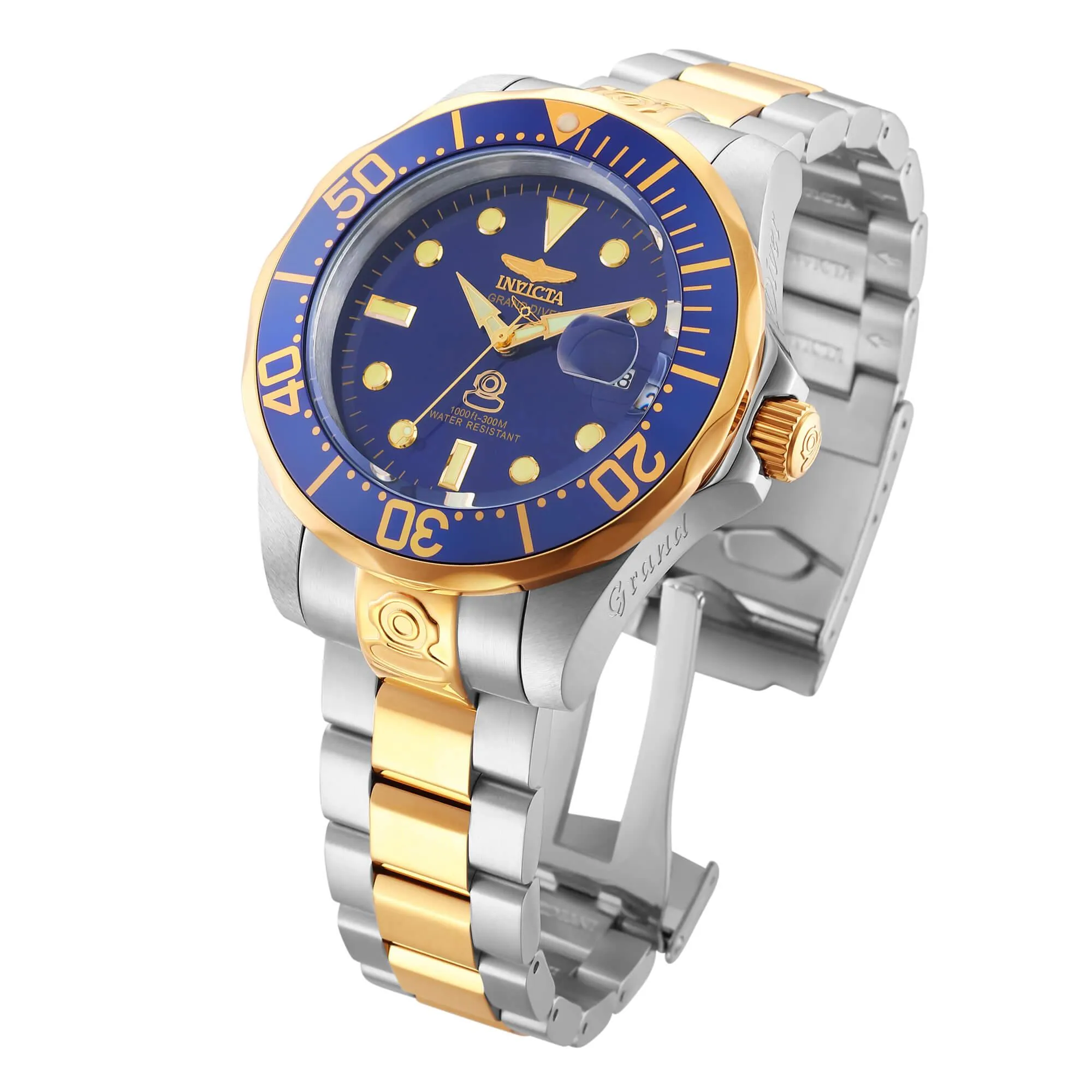 Invicta 3049 Men's Two Tone Yellow Bracelet Automatic Grand Diver Blue Dial Date Watch Invicta Men's Watches