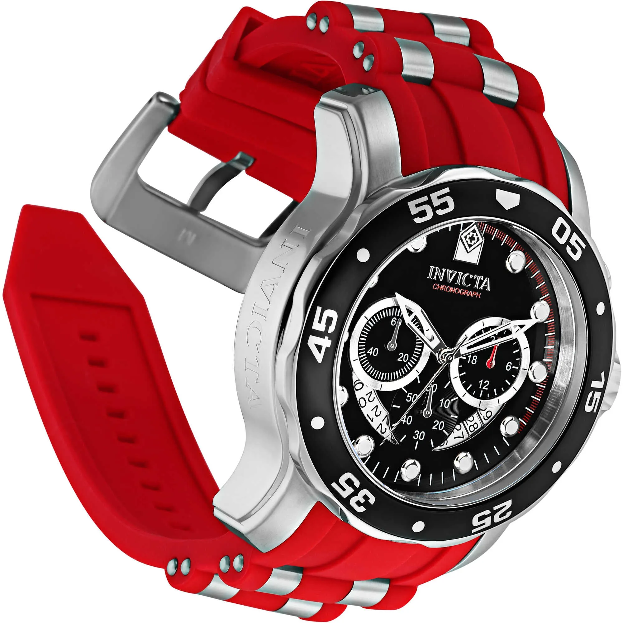 Invicta Men's Watch - Pro Diver Chronograph Black Dial Silver and Red Strap | 34009 Invicta Men's Watches