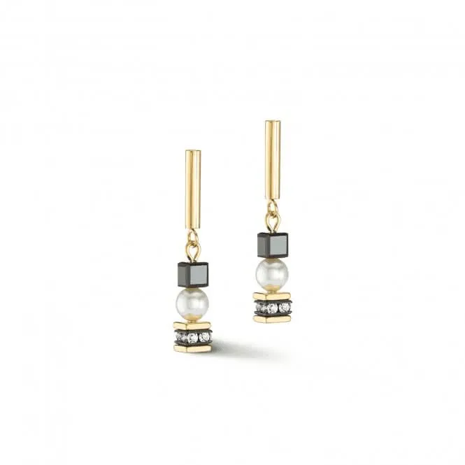 Mysterious Cubes & Pearls Black-Gold Earrings 4085/21-1316 Coeur De Lion Jewellery