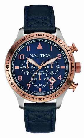 Nautica - Orologio Uomo Stainless Steel Case Blue Calfskin Mineral Men's Watch (NAI17500G)