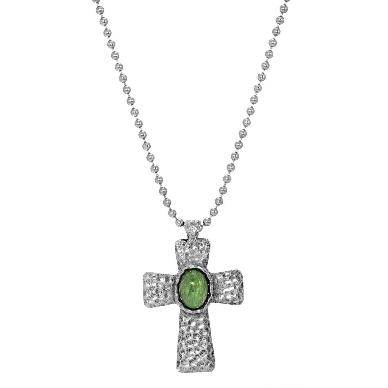 Symbols Of Faith Antiqued Hammered Metal Cross With Oval Gemstone Pendant Necklace 22" 1928 Jewelry