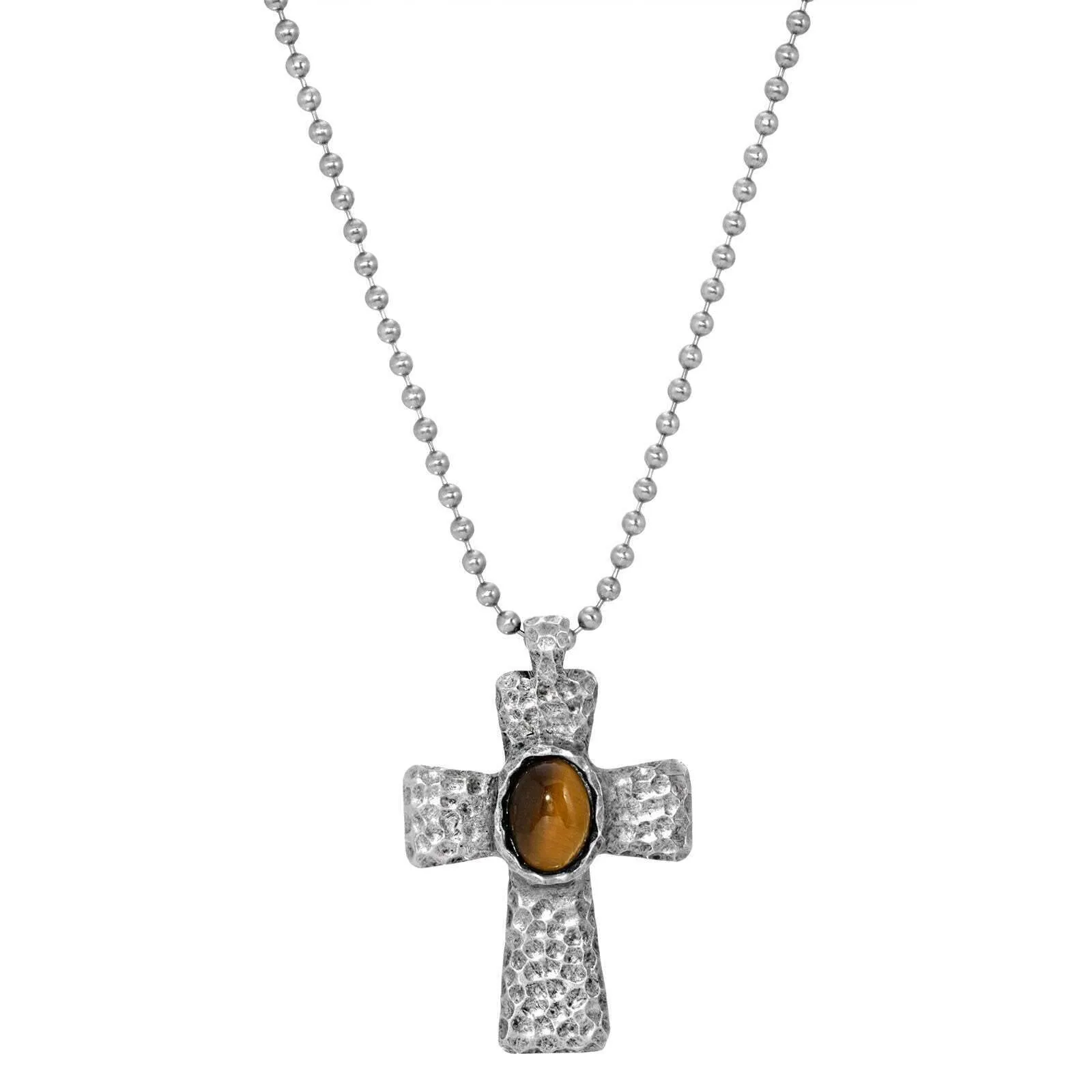 Symbols Of Faith Antiqued Hammered Metal Cross With Oval Gemstone Pendant Necklace 22" 1928 Jewelry