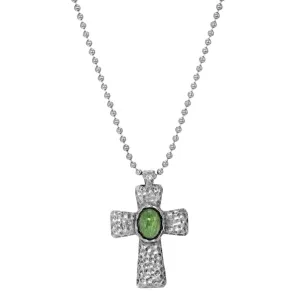 Symbols Of Faith Antiqued Hammered Metal Cross With Oval Gemstone Pendant Necklace 22" 1928 Jewelry
