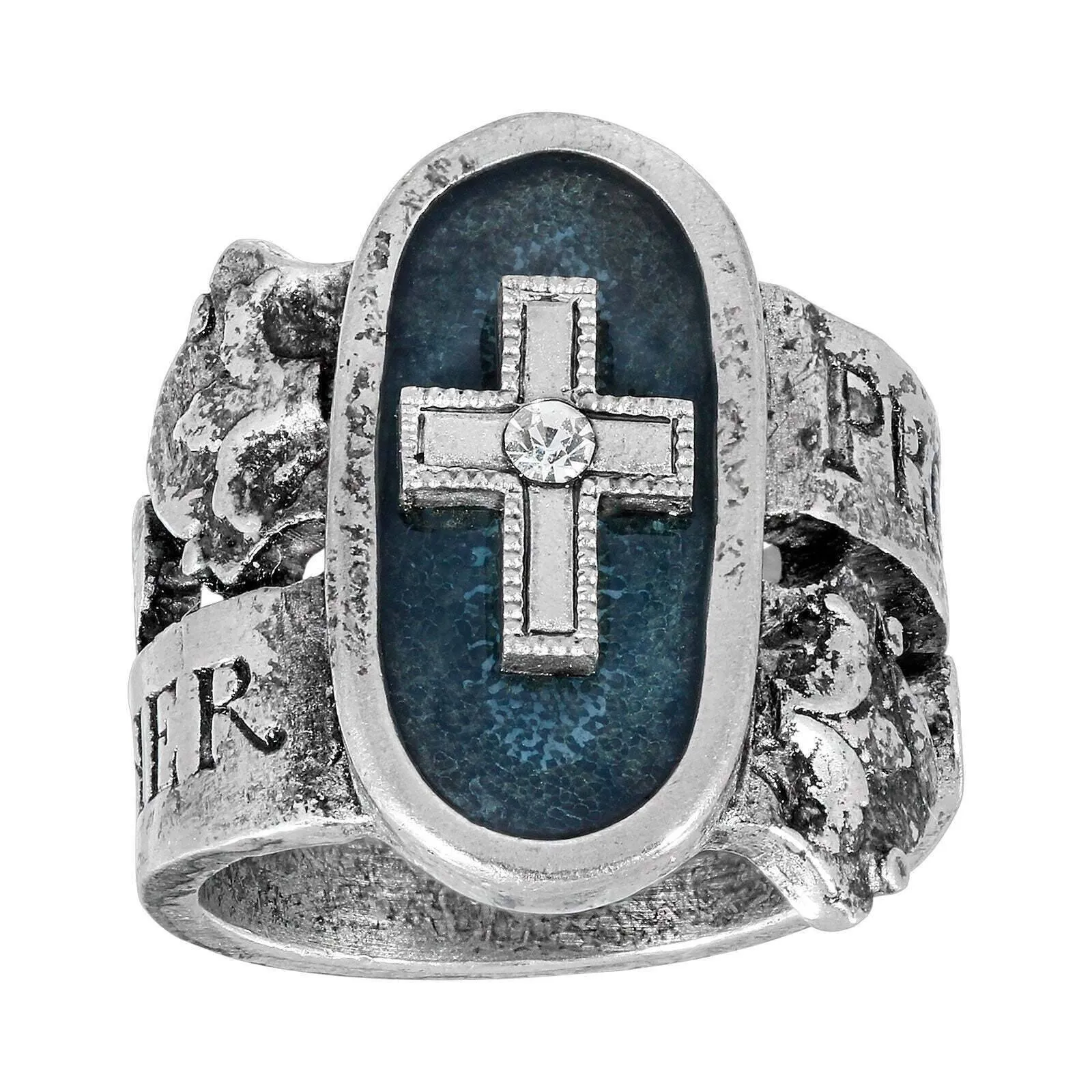 Symbols Of Faith Blue Enamel Cross & Crystal "Protect Us Holy Mother" Ring 1928 Jewelry